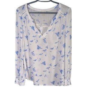 Hinge Semi Sheer‎ Textured Pullover Birds Blouse Size 1 (Large) Blue White